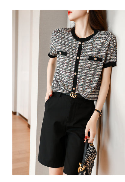 Chic Short-Sleeve Tweed Knit Top Short Sleeve Effortless Shirt