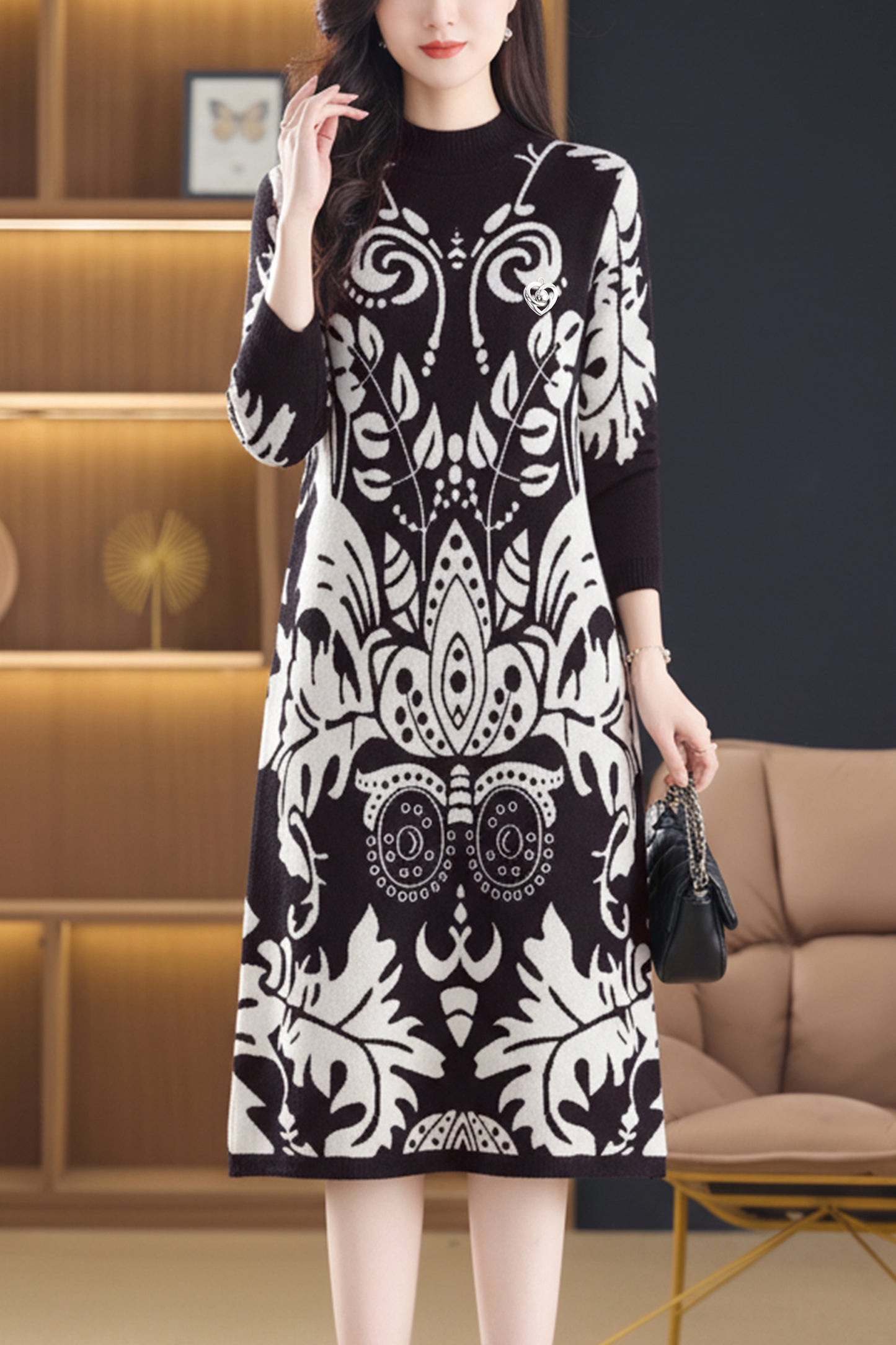 Women's Fashion Print Knit Pullover Sweater Midi Dress