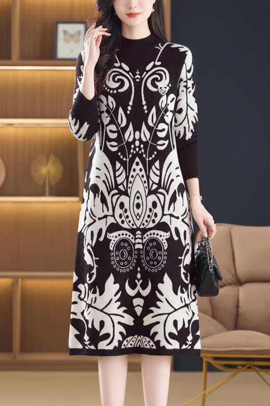 Women's Fashion Print Knit Pullover Sweater Midi Dress