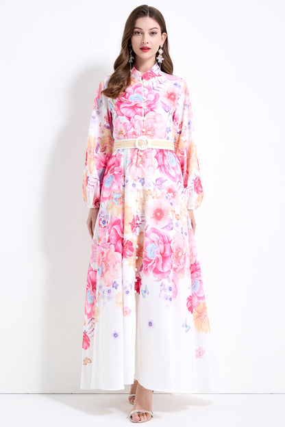 Women's Floral Print Puff Sleeve Split Maxi Dress