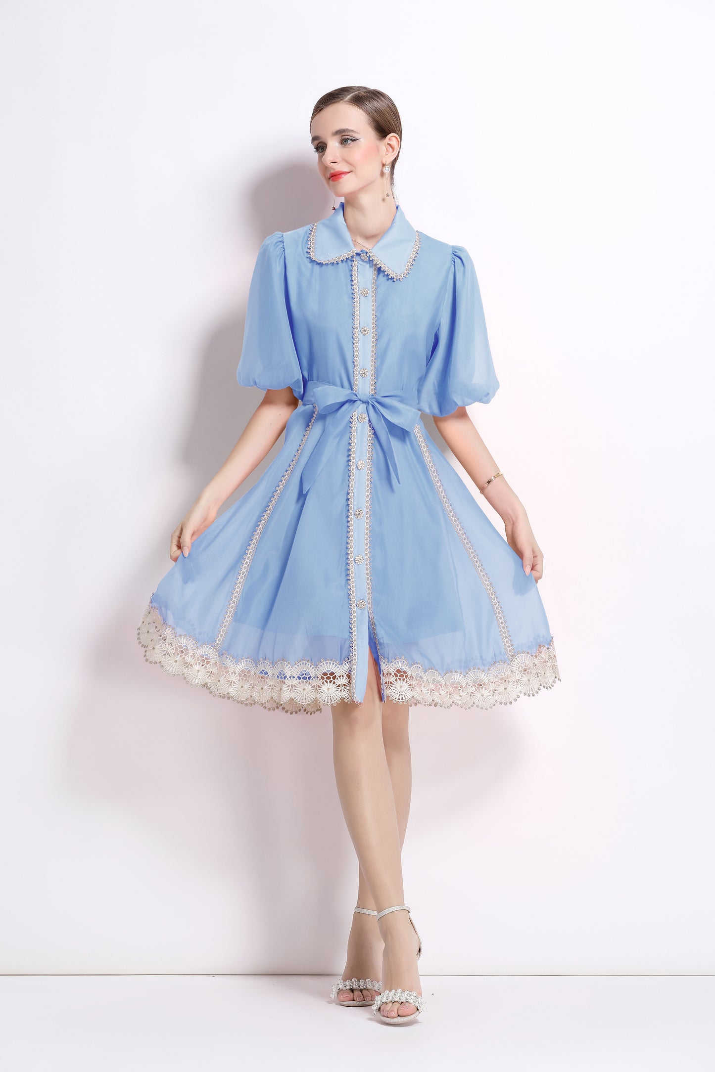Blue Chiffon Button Up Lace Dress LAI MENG FIVE CATS Blue Chiffon Button Up Lace Dress LAI MENG FIVE CATS
