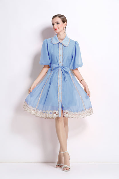 Blue Chiffon Button Up Lace Dress