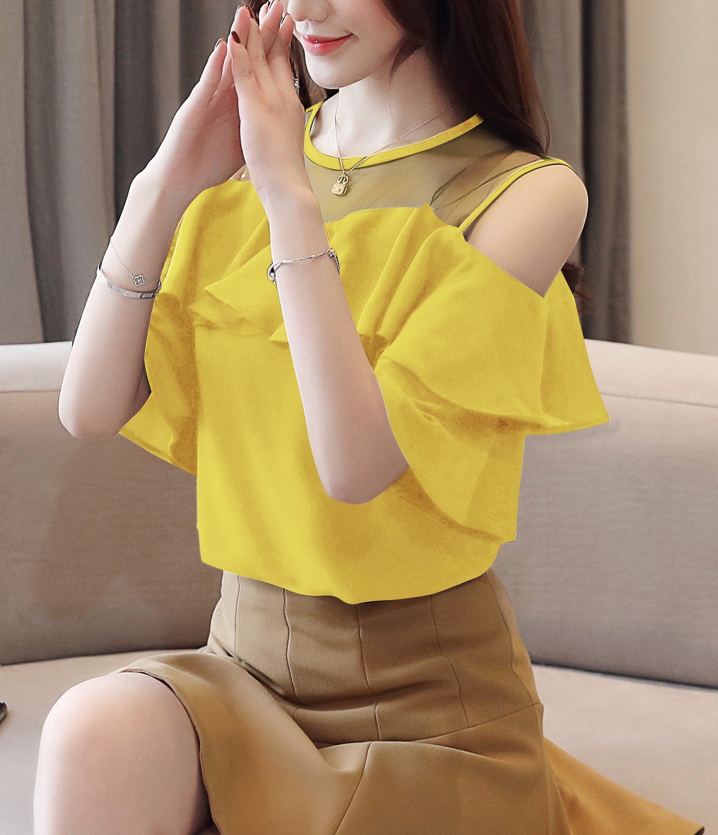 Cold Shoulder Chiffon Ruffle Top | Elegant Summer Statement Blouse