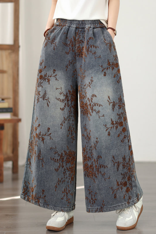 26-Women's Denim Wide Leg Baggy Elastic Waist  Jeans