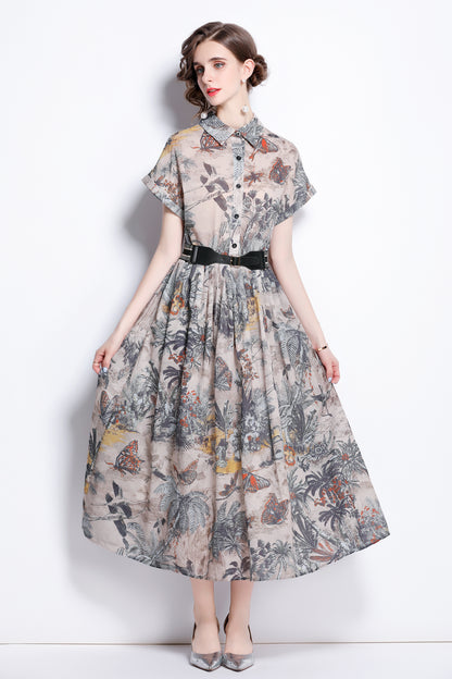 Women's Short Sleeves Collar Printed Midi Dress