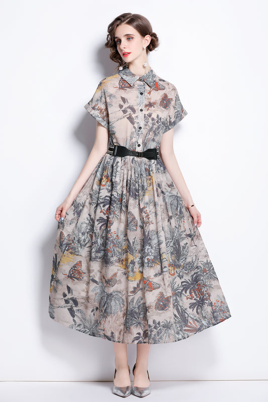 Women's Short Sleeves Collar Printed Midi Dress