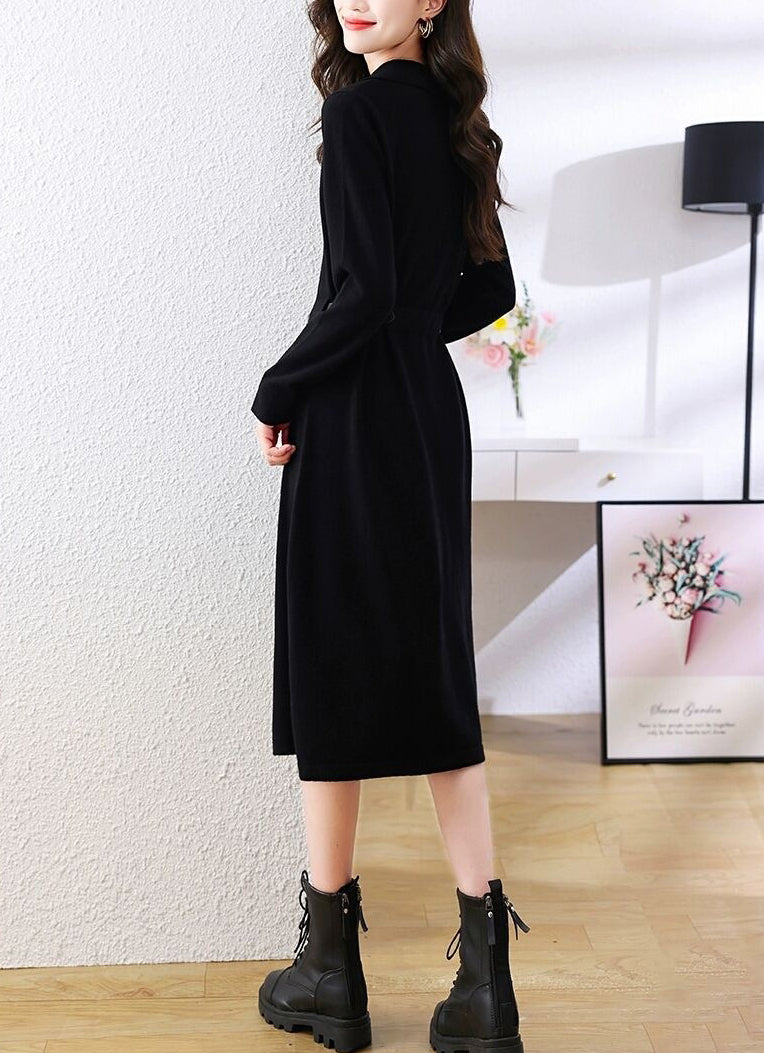 Elegant Lapel V-Neck Knit Midi Dress: Button Decoration & Belted Waist