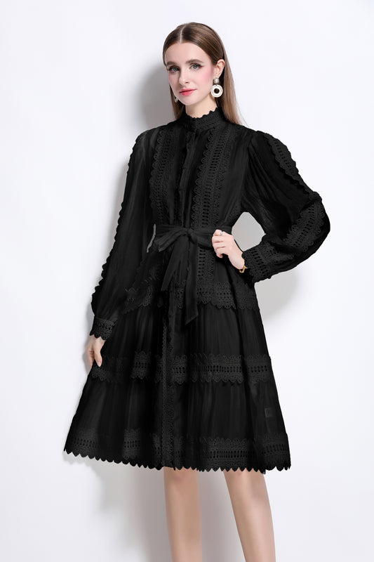 Women's Hollow Lace Lantern Sleeves Midi Dress