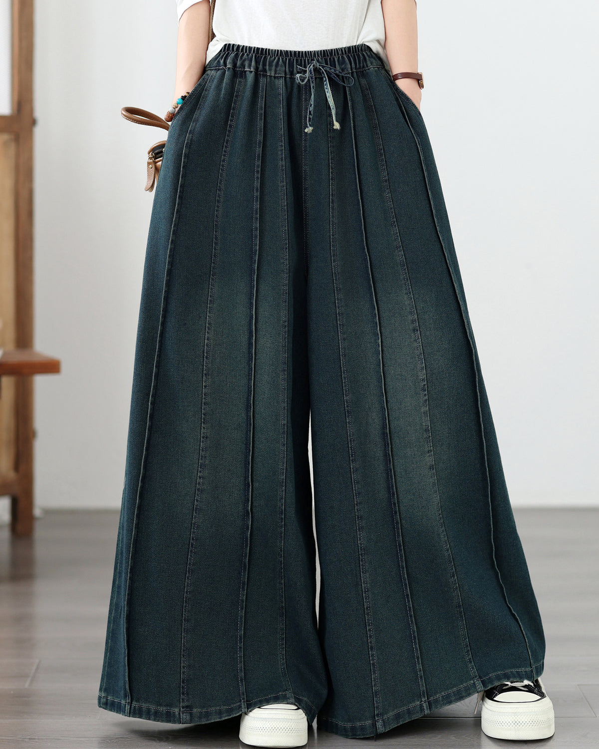 Women's Denim Wide Leg Pants - Drawstring Waist & Vertical Panel Details