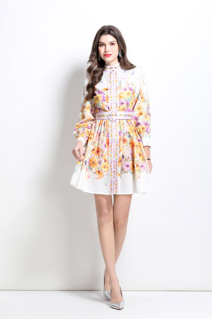 Women's Floral Print Button Lantern Sleeve Mini Dress