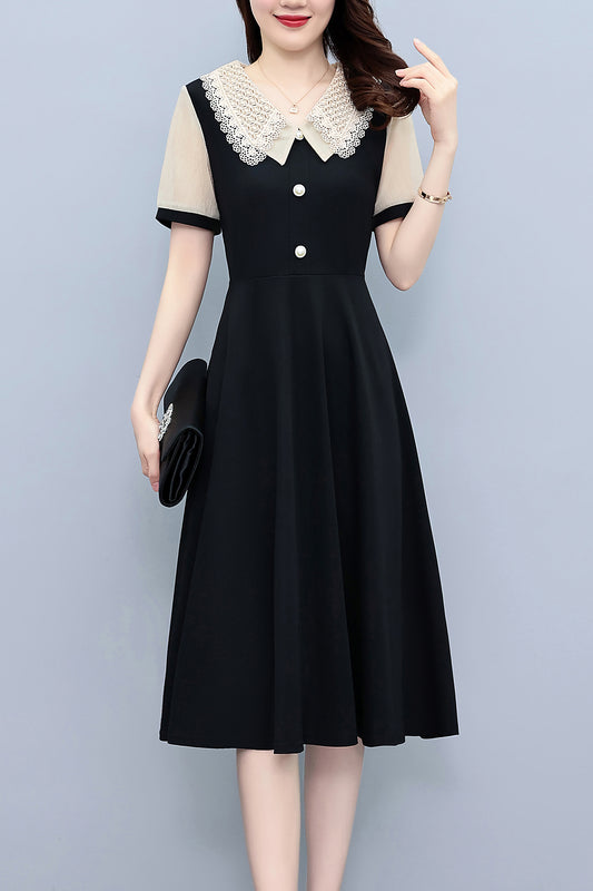 26-Women's Peter Pan Collar Short Sleeve Midi Dress