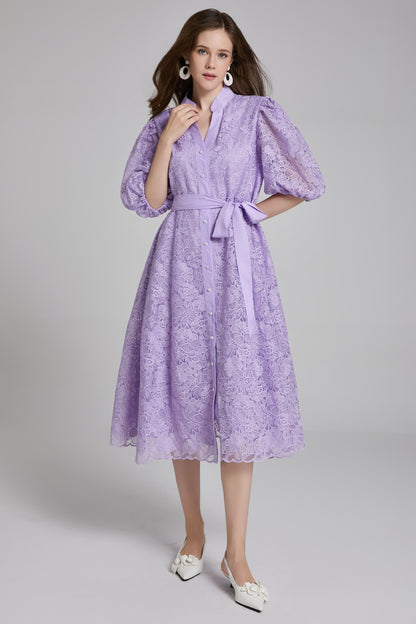 Women's Lace Embroidery Puff Sleeve Midi Dress