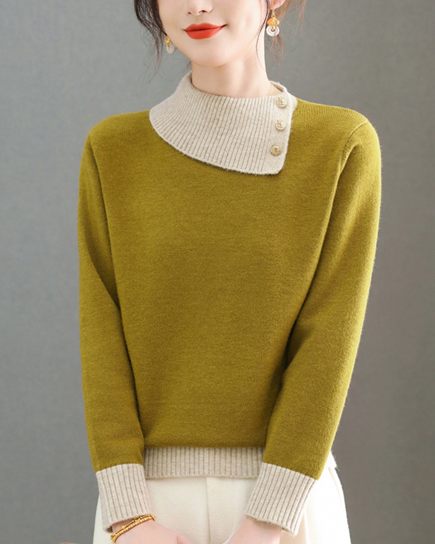 Chic Color-Block Knit Sweater – Asymmetric Neck Pullover Tops