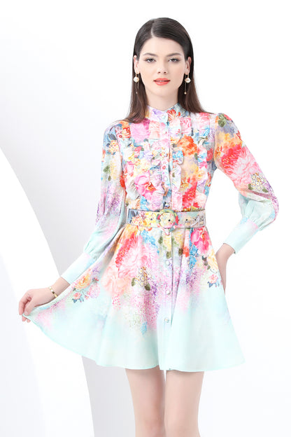 Women's Floral Print Lantern Sleeve Ruffle Mini Dress