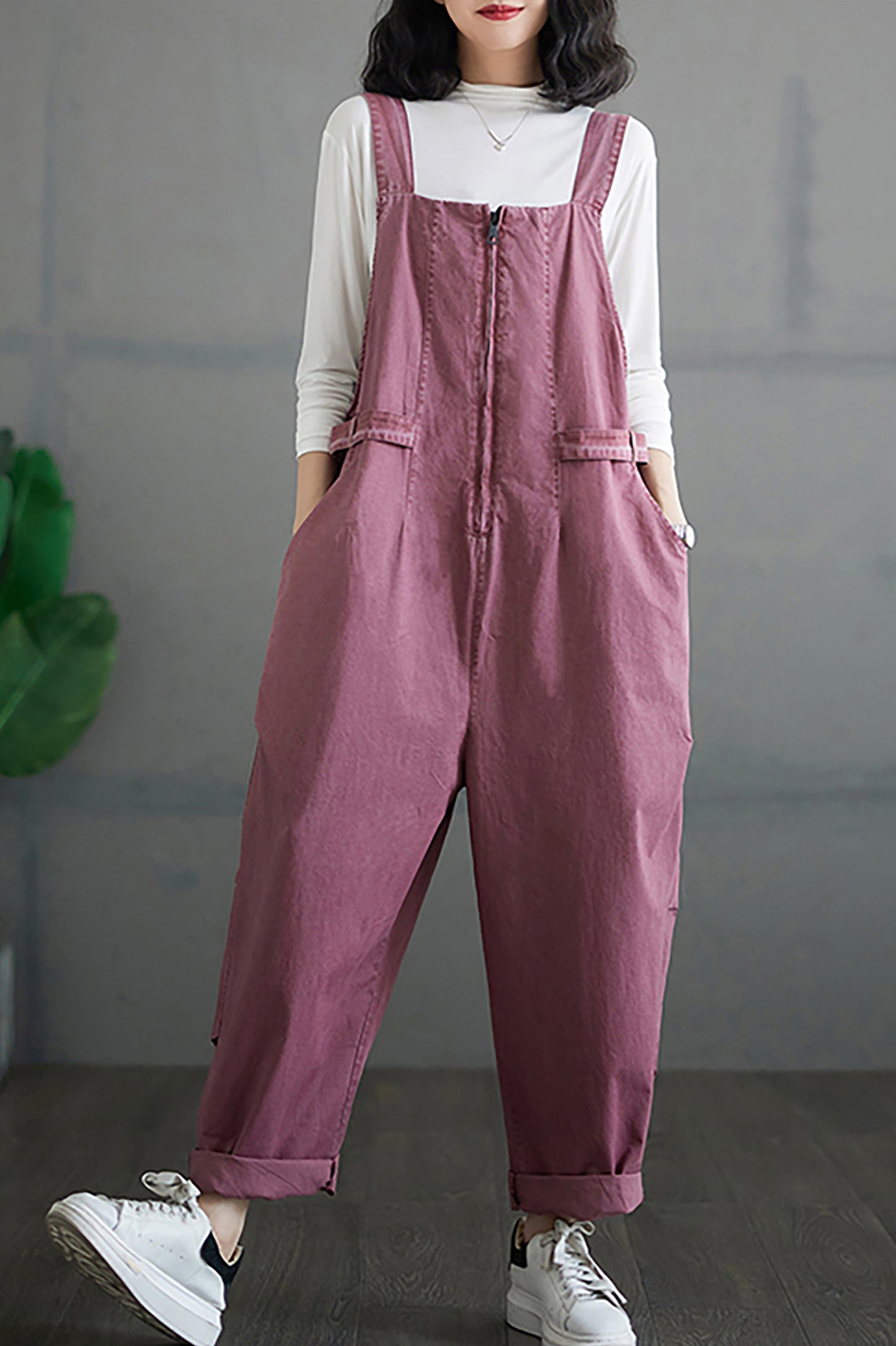 Front Zipper Button Fit Harem  Bib Overalls