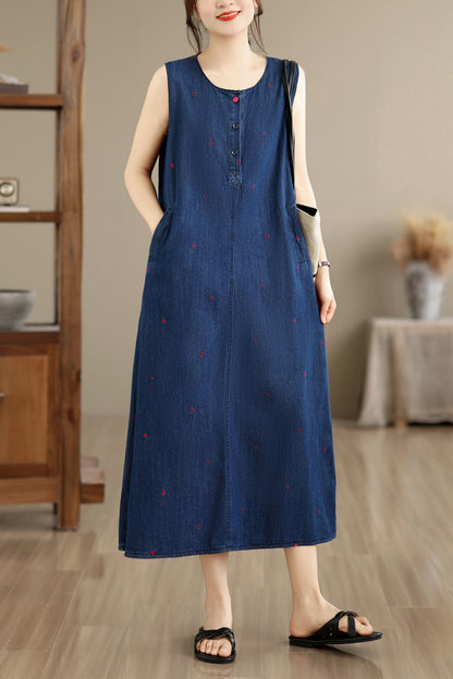 Sleeveless Denim Loose Lightweight Jean Midi Dress with Pockets