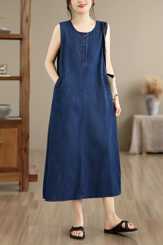Sleeveless Denim Loose Lightweight Jean Midi Dress with Pockets