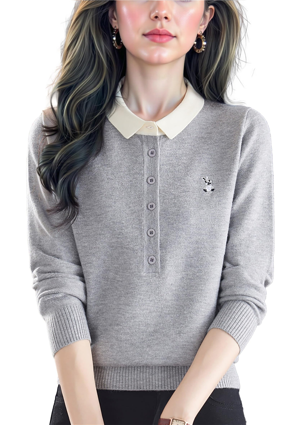 Polo Layered Knit Top with Bunny Embroidery & Contrast Collar