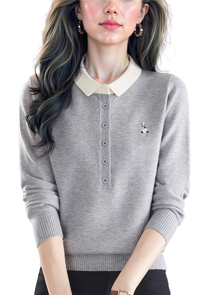 Polo Layered Knit Top with Bunny Embroidery & Contrast Collar