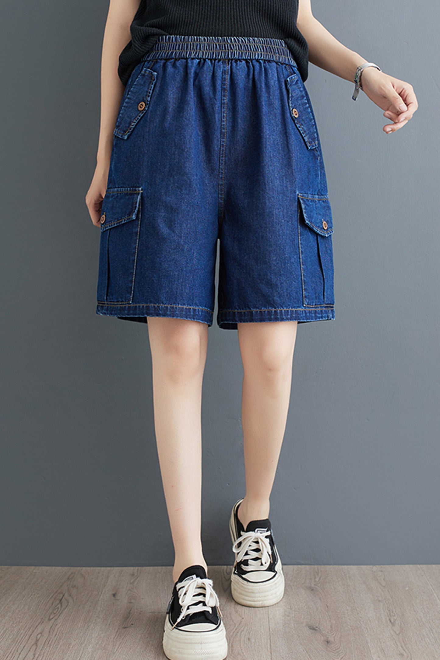Women's High Waisted Baggy Jean Wide Leg Denim Shorts - LAI MENG FIVE CATS