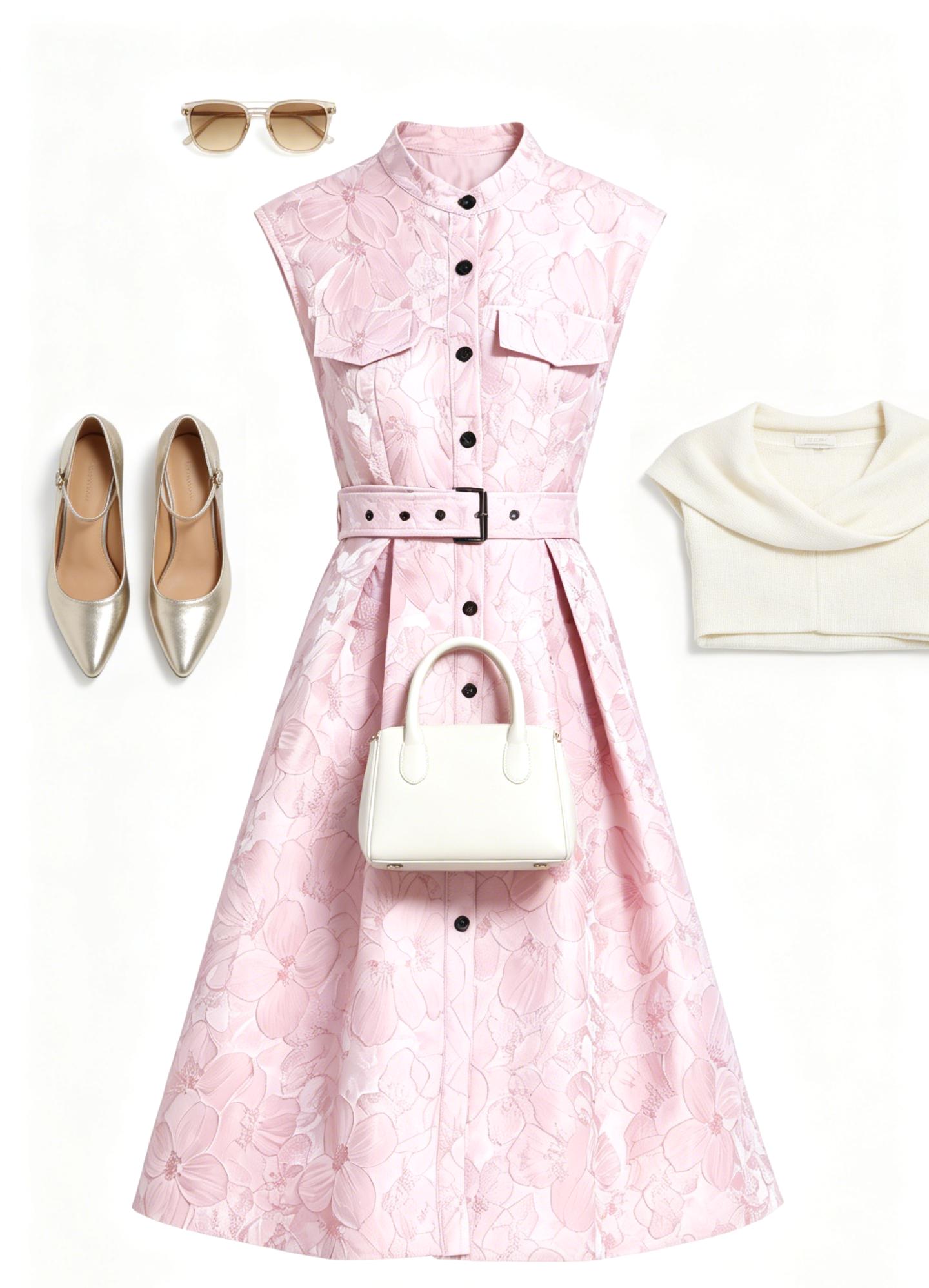 Pink Jacquard Midi Dress with Belt - LAI MENG FIVE CATS