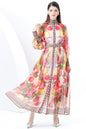 Women's Printed High-neck Puff Sleeves Slit Maxi Dress