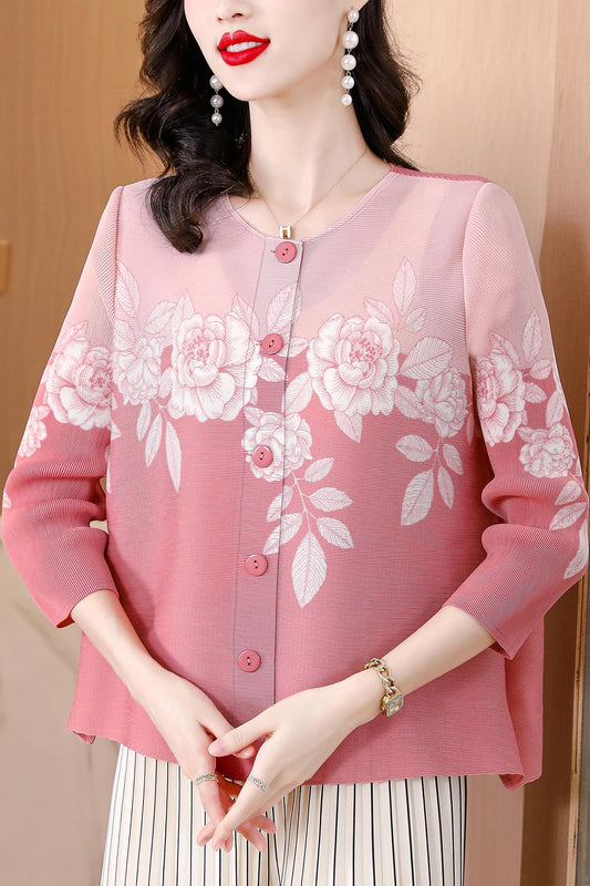 Round Neck Print 3/4 Sleeve Loose Blouse