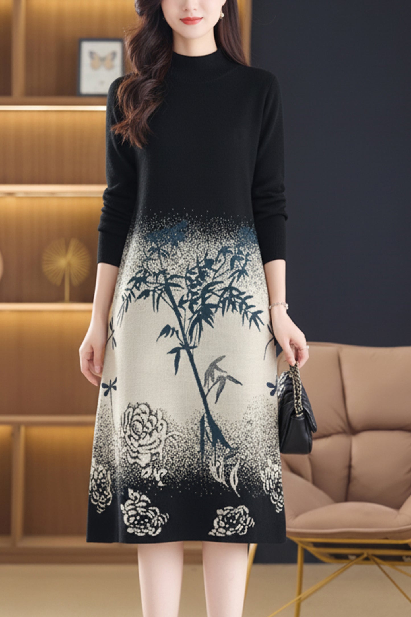 Women's Fashion Print Knit Pullover Sweater Midi Dress