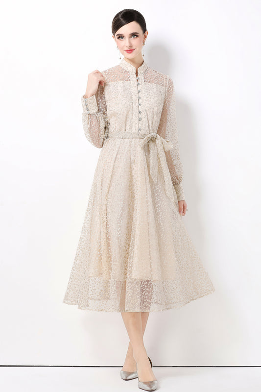 Women's Lace Lantern Sleeve Button Midi Dress