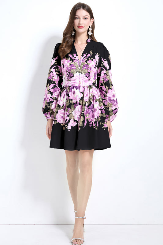 Floral Print Lantern Sleeve Button up Mini Dress