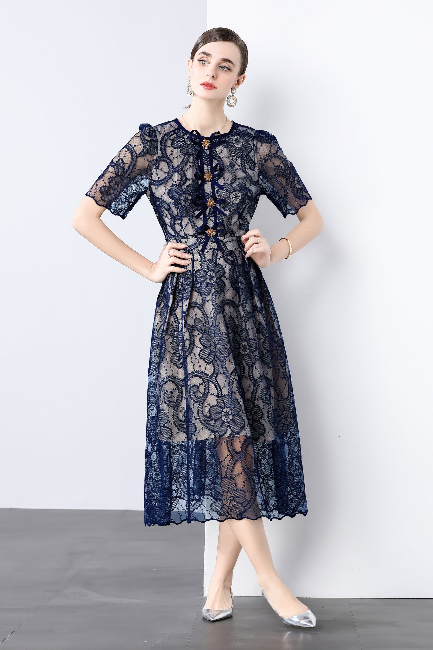 Navy Lace Bow Midi Dress – Classy Feminine Occasion Dress