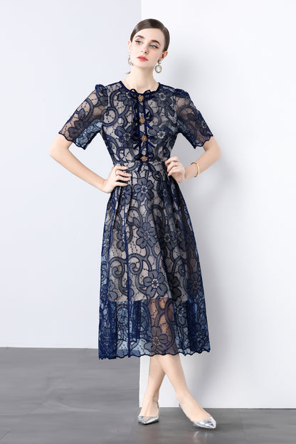 Navy Lace Bow Midi Dress – Classy Feminine Occasion Dress