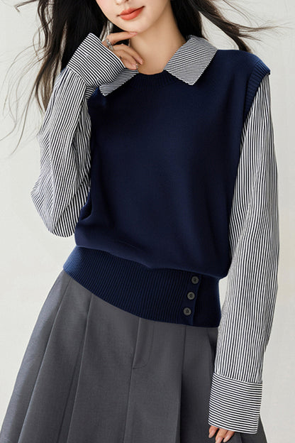 Women's Collared Stirpe Long Sleeve Pullover Sweater