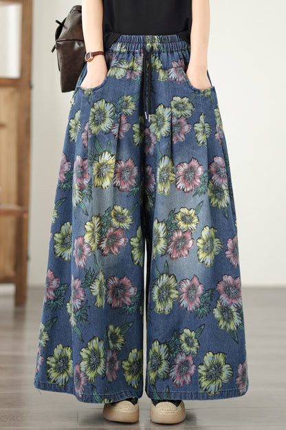 26-Women's Jeans Elastic Waist Baggy Wide Leg Denim