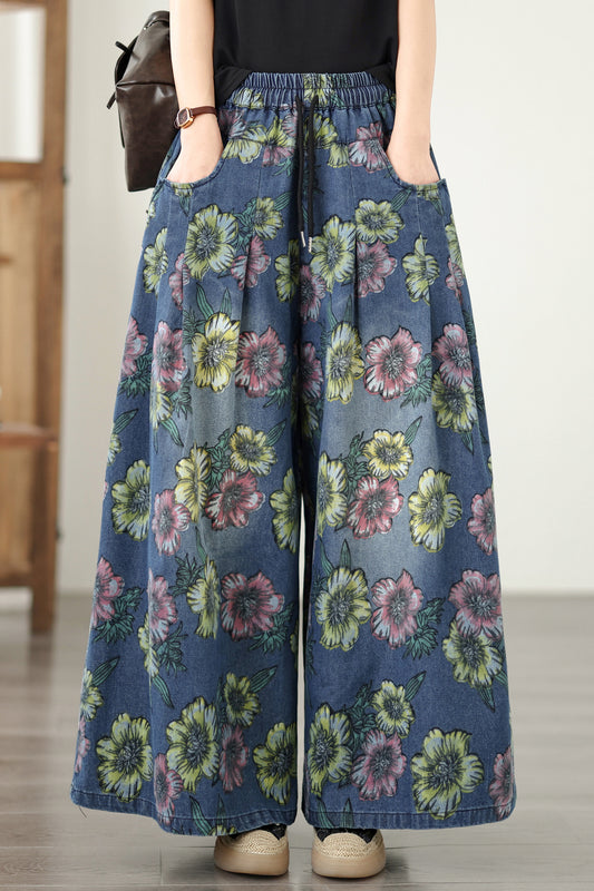 26-Women's Jeans Elastic Waist Baggy Wide Leg Denim