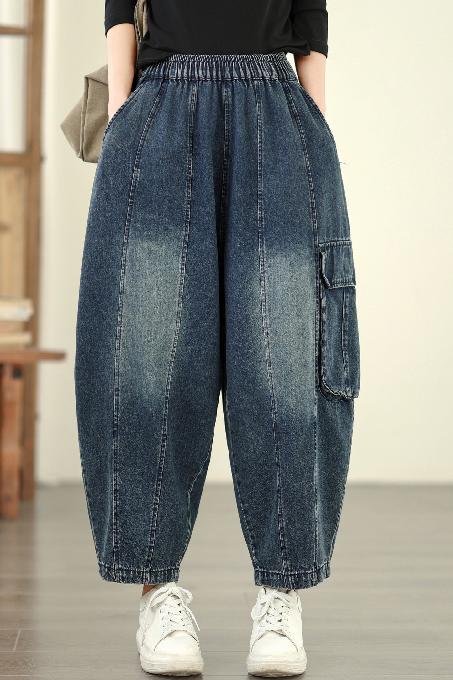 Women's Baggy Jeans Drawstring Elastic Barrel Denim Pants