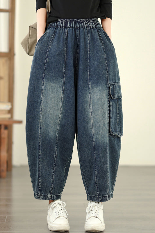 Women's Baggy Jeans Drawstring Elastic Barrel Denim Pants