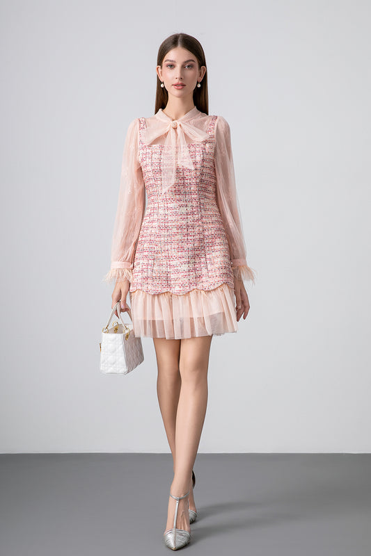 Lace Patchwork Tweed Bell Sleeves Dress