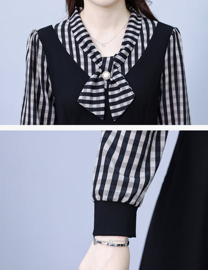28159  Black Gingham Tie-Neck Midi Dress with Pockets - LAI MENG FIVE CATS