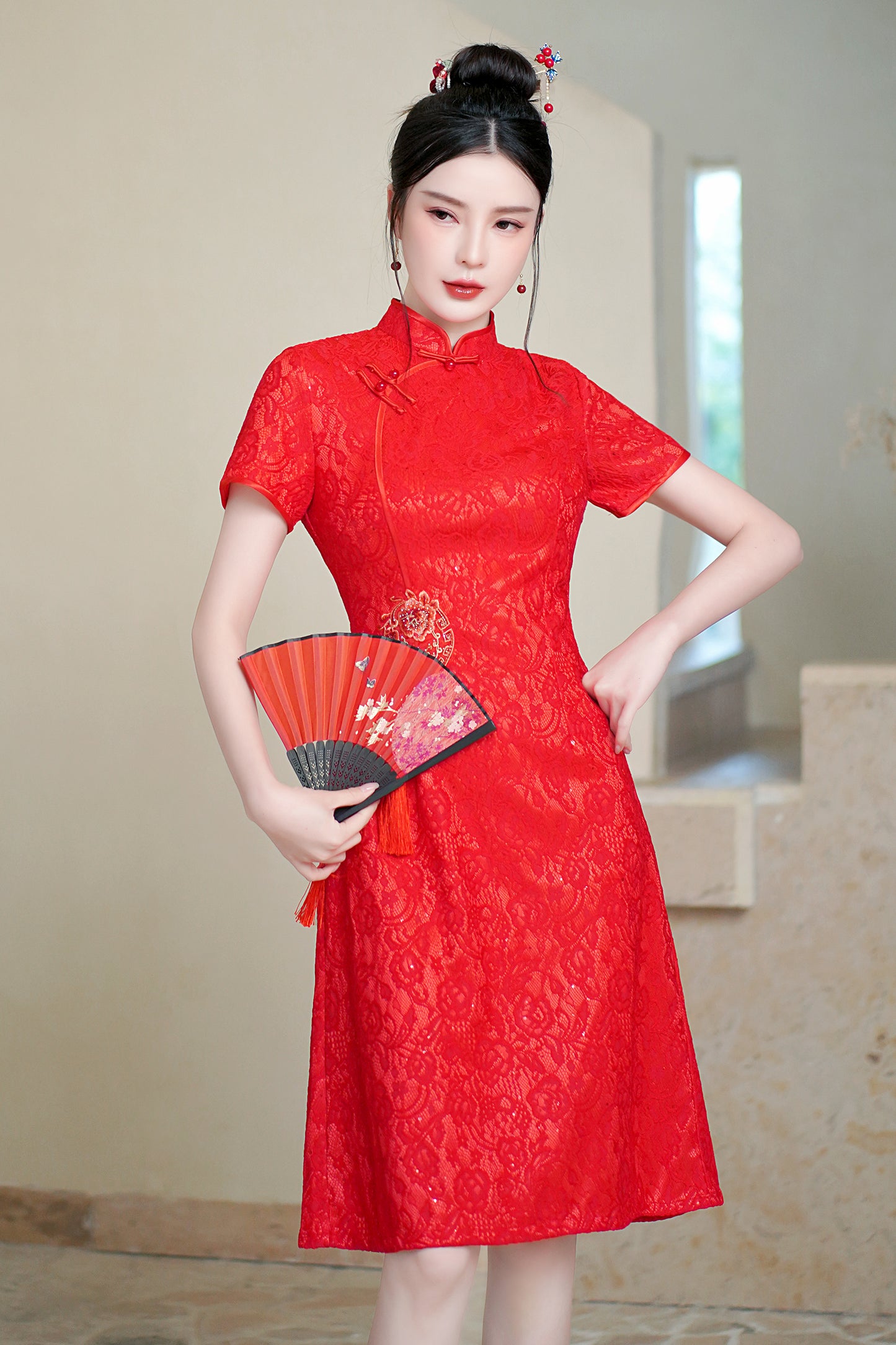 Women's Chinese Cheongsam Solid color Mini Lace Dress