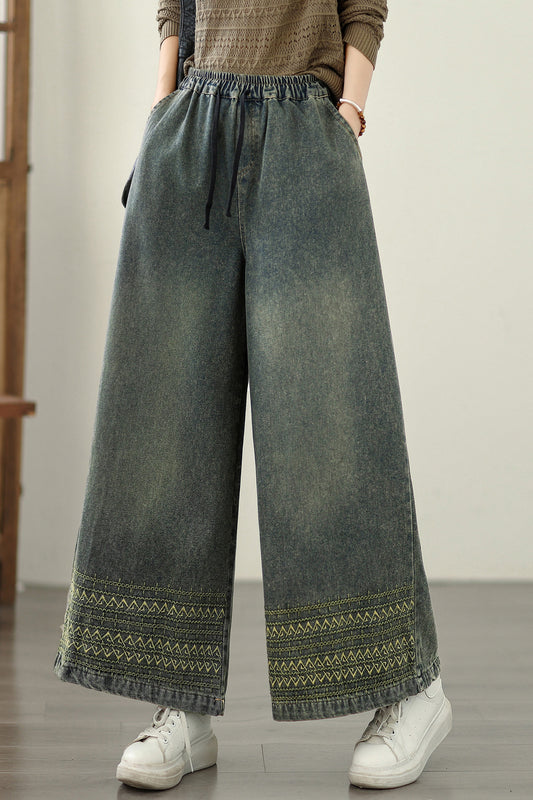 Women's Baggy Jeans Embroidery Drawstring Wide Leg