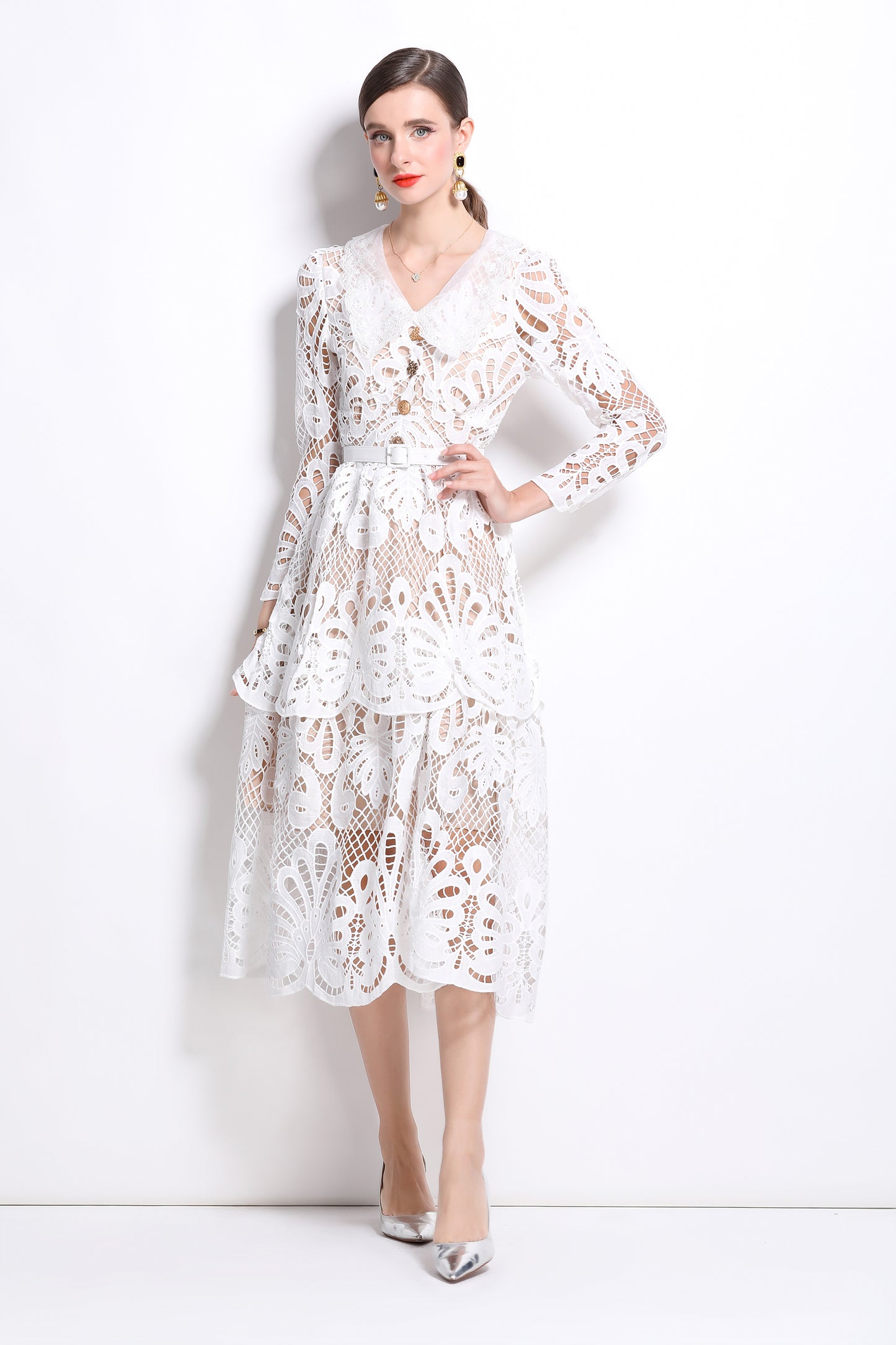 Peter Pan Collar Lace Hollow Midi Dress