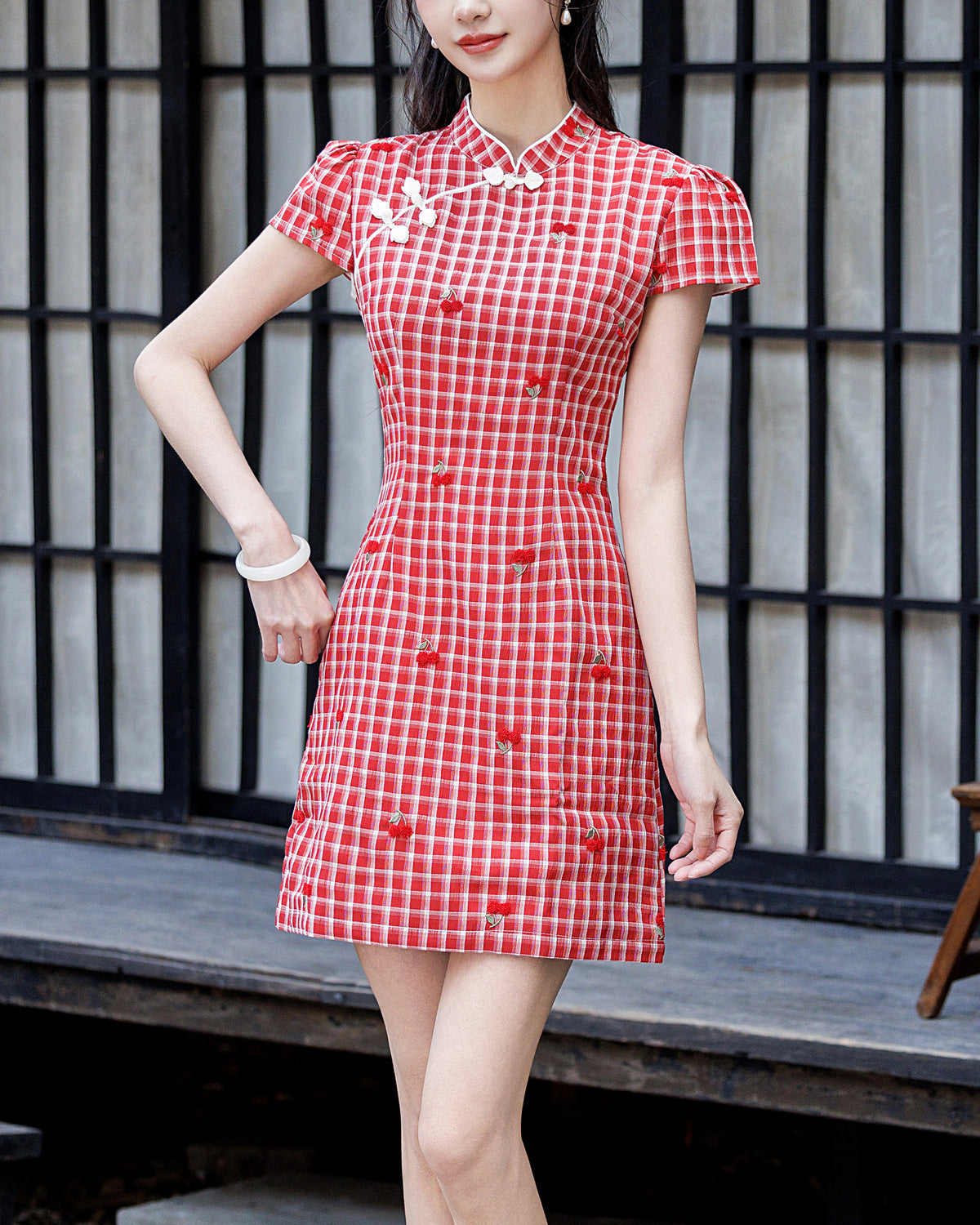 Red Cherry Gingham Cheongsam with Puff Sleeves Qipao Mini Dress
