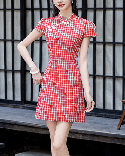 Red Cherry Gingham Cheongsam with Puff Sleeves Qipao Mini Dress