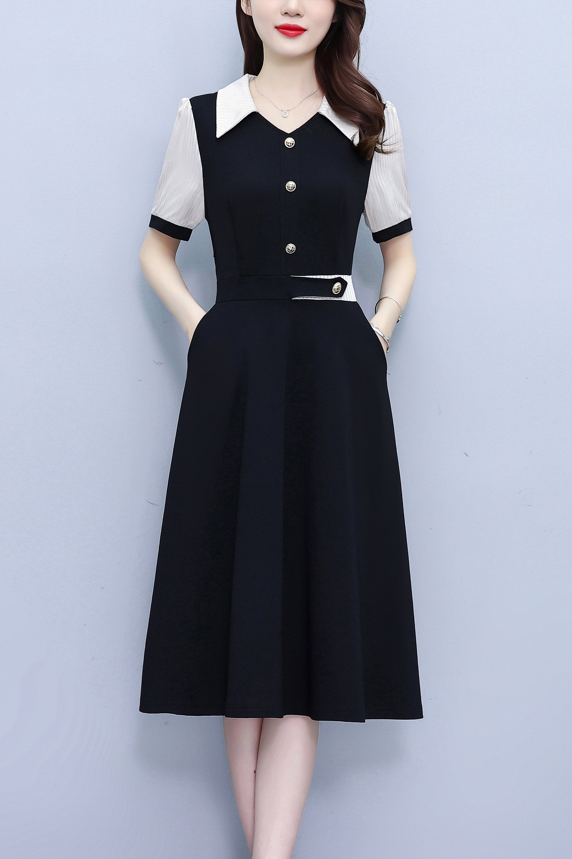 Women's Lapel V-Neck Pocket Short Sleeve Midi Dress - LAI MENG FIVE CATS