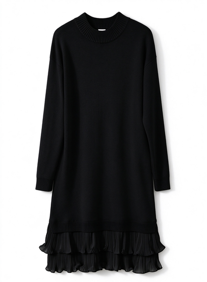 28706 Layered Ruffle Hem Knit Dress – Cream & Black