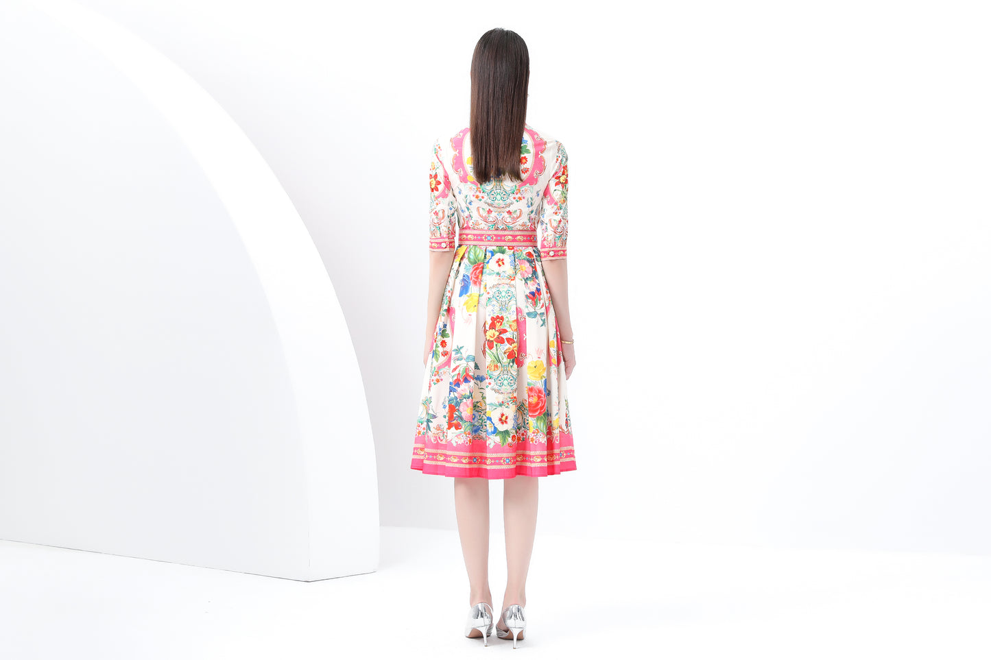 Women's Print Button Collar Short Sleeve Midi Dress