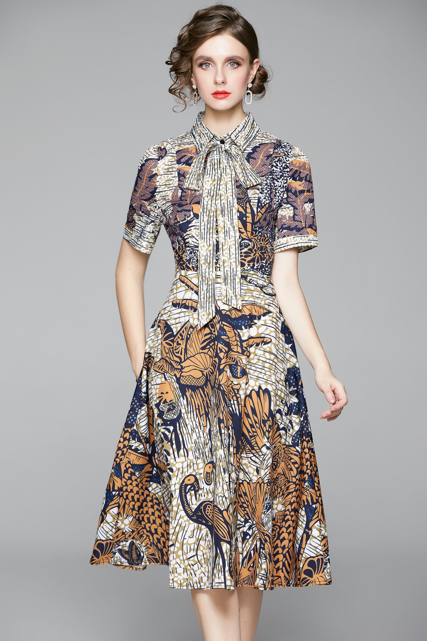 SSY-Women's Short Sleeve Floral Print Button Midi Dress