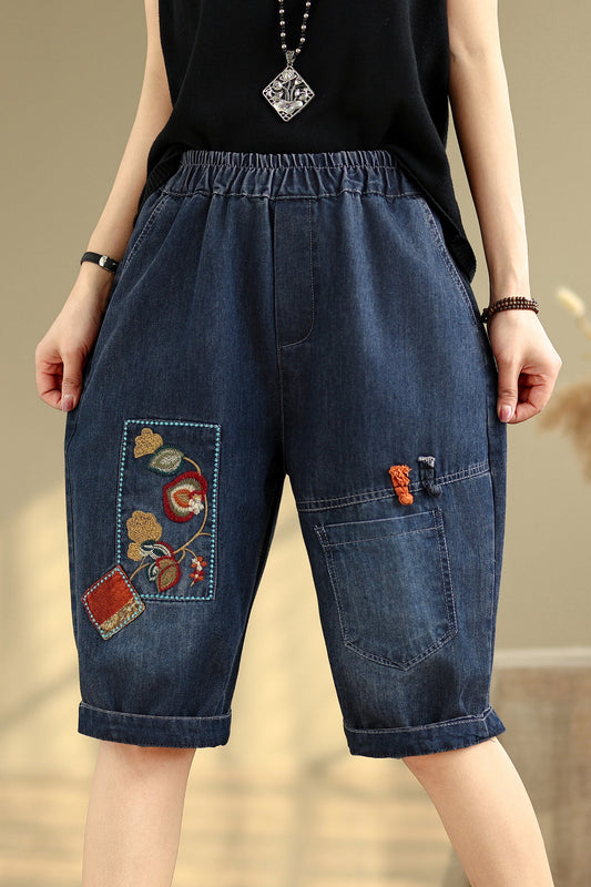 Women Denim Jeans Elastic Waist Harem Short Pants