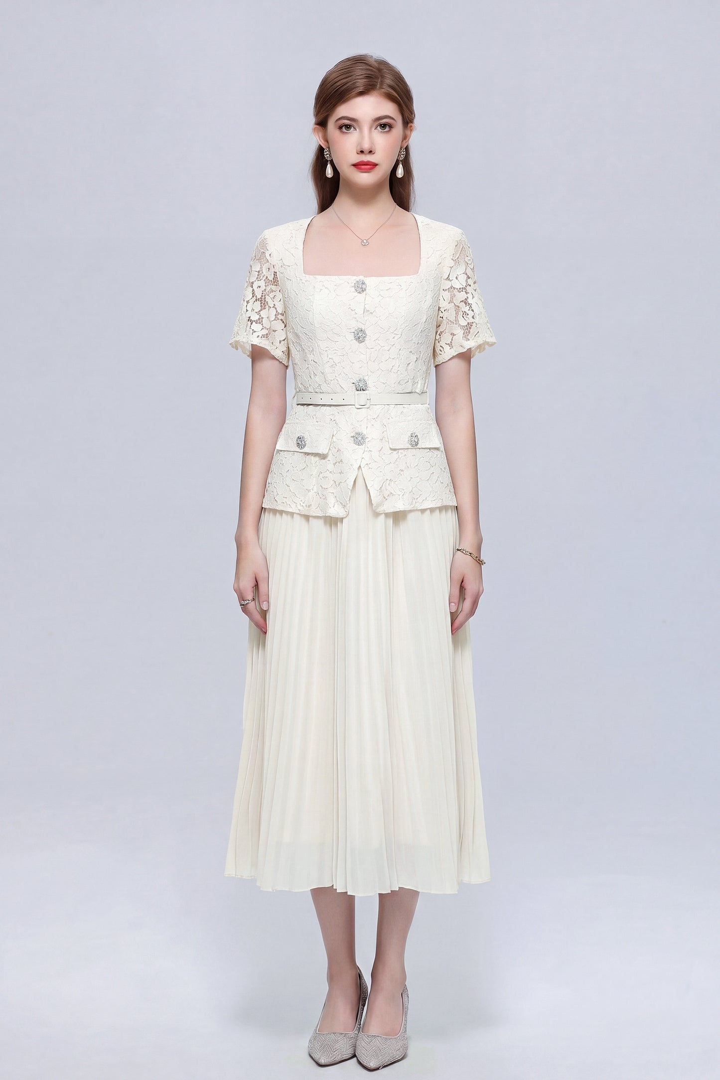 Graceful Square Neck Lace Pleated Button Midi Dress